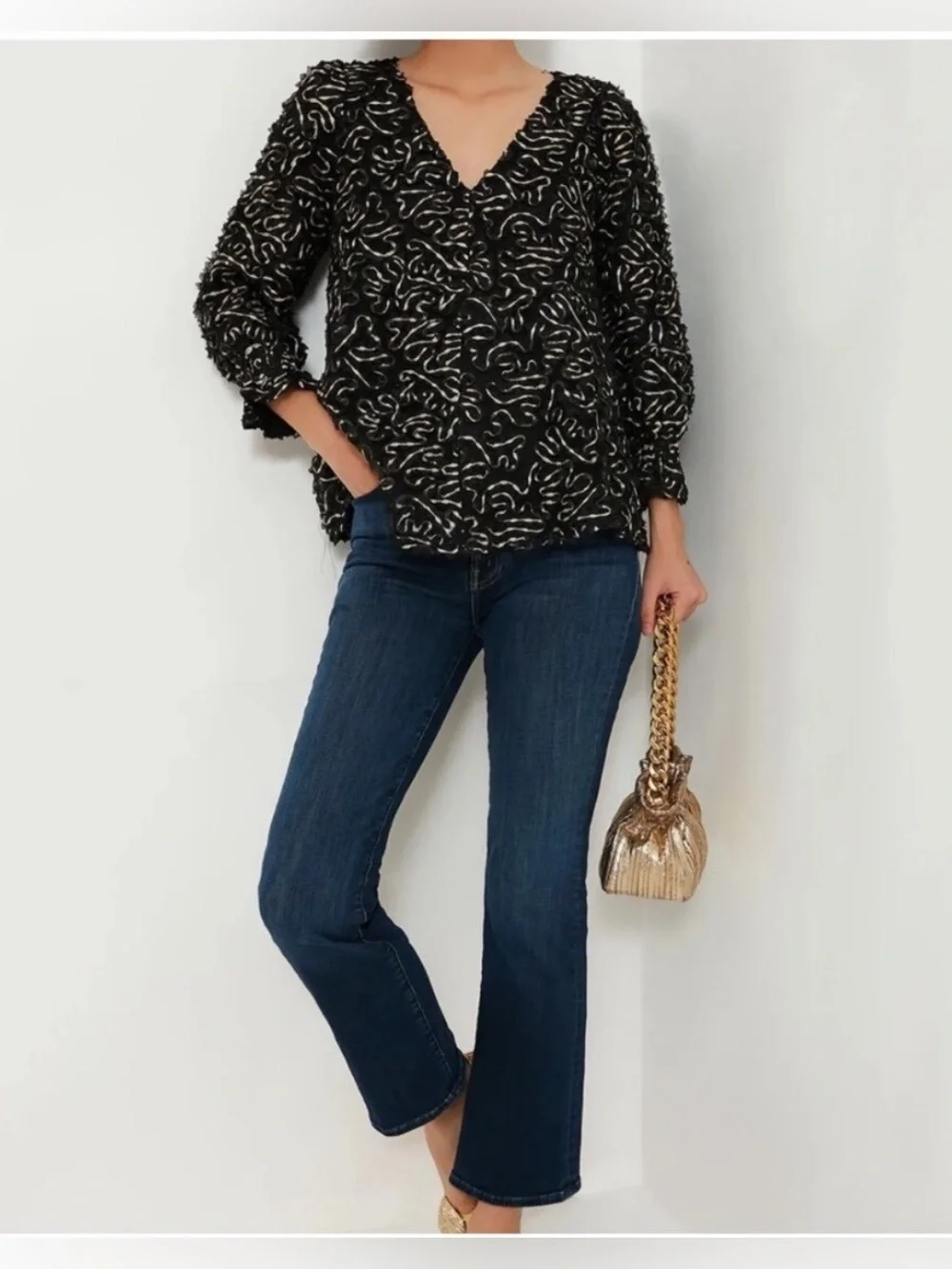 Tuckernuck Black Gold Textured Peplum Blouse Puff Sleeve Top NWT Medium